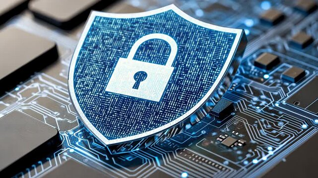 Digital Security Shield Symbol on Circuit Board Concept Background