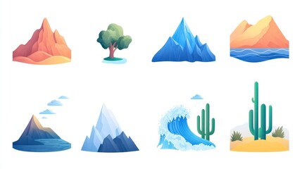 Eight landscapes, including mountains, trees, water, and a desert are illustrated