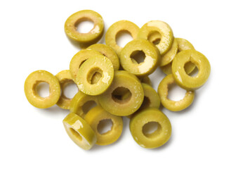 Marinated green olive rings isolated on white, top view