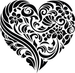 Fototapeta premium Heart from the elements of the ornament, drawn by a black line. Wedding. Elegant. element for design. Black and White Floral Vector Design