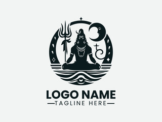 Lord Shiva Meditating Trident Crescent Moon Logo Design, Shiva Meditation Trident Moon Logo