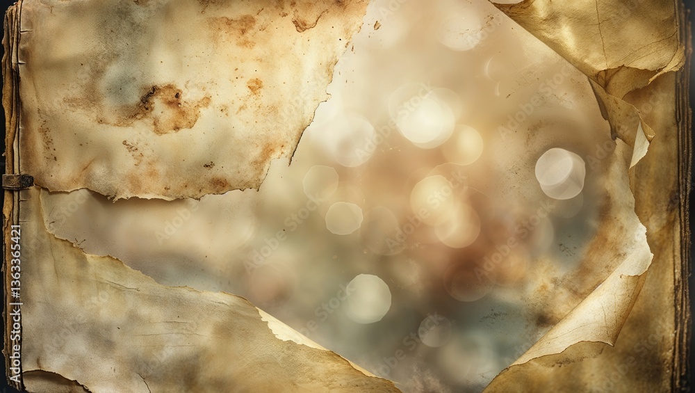Poster old book pages with torn edges revealing soft bokeh background in warm tones