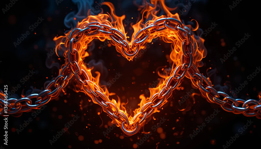 Poster chains are intertwined to create a heart shape, surrounded by vibrant flames that flicker in various