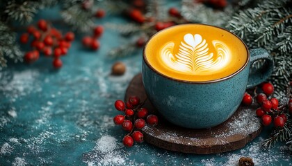 Warm Latte Art Coffee In Teal Cup With Festive Holiday Decorations