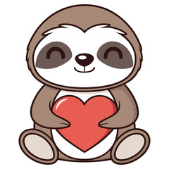 Cute Cartoon Sloth Sitting Upright Holding Red Heart on Transparent Background