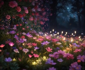 Obraz premium Glistening firefly lights among colorful glowing flowers, Sparkle, Neon, Dark, Luminosity, Luster