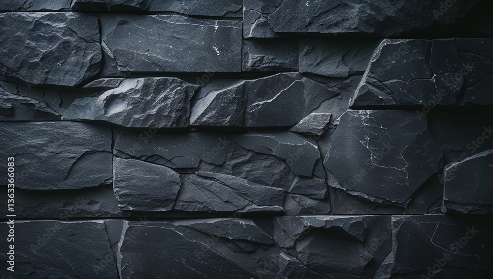Poster black stone wall texture with uneven surfaces and natural patterns highlighted by shadows