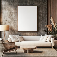Modern living room with beige sofa, wooden coffee table, and blank canvas.