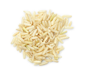 Pile of raw brown rice isolated on white, top view