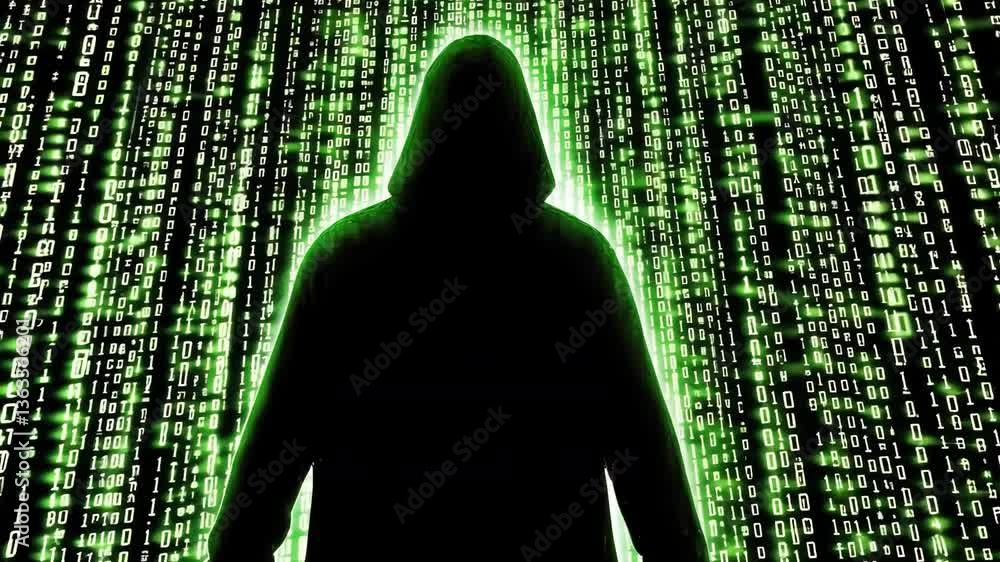 Poster mysterious figure in hood surrounded by digital code in green glow