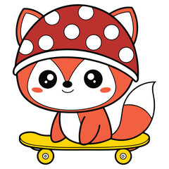Cartoon Fox Character with Red Polka Dot Hat on Yellow Skateboard