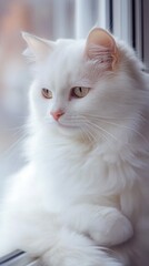 Obraz premium A beautiful white fluffy cat is resting indoors near a window