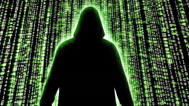 Mysterious Figure in Hood Surrounded by Digital Code in Green Glow