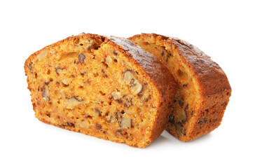 Pieces of homemade carrot cake with nuts isolated on white