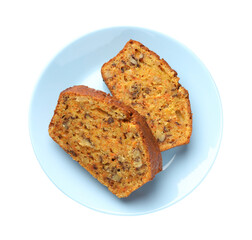 Pieces of homemade carrot cake with nuts isolated on white, top view