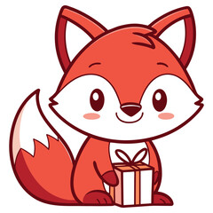 Cartoon Red Fox With Present Isolated on White Background, Cute Animal Mascot
