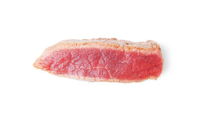 Slice of beef tenderloin cooked to rare isolated on white, top view