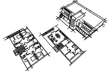 Obraz premium Contemporary Architectural Wireframe Sketch - Residential and Commercial Buildings - Vector Illustration