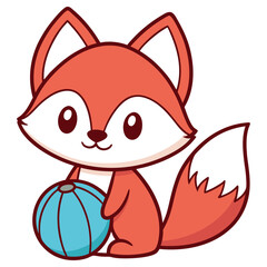 Adorable Fox with Blue Ball, Cartoon Character on White Background