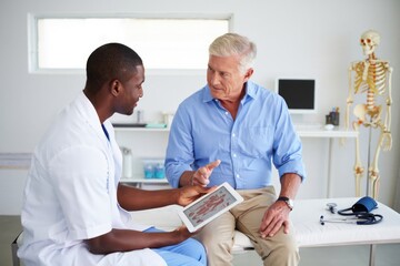 Male doctor consulting mature male patient in medical office with tablet
