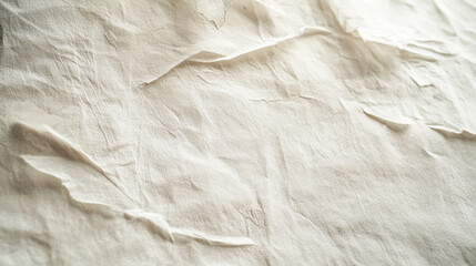 A close-up view of crumpled, textured fabric in a light color, showcasing its folds and creases with natural lighting.