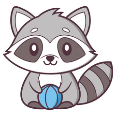 Cartoon Raccoon Holding Ball, Gray Fur, Striped Tail on Transparent Background