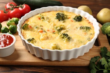 Delicious vegetable casserole, sauce and ingredients on wooden table, closeup