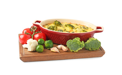 Delicious vegetable casserole and ingredients isolated on white