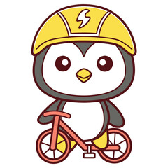 Cute Cartoon Penguin with Yellow Helmet Riding a Pink Bicycle on Transparent Background