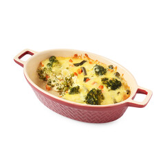 Tasty vegetable casserole in baking dish isolated on white