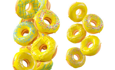 Donuts with yellow lemon glaze, sprinkles, white drizzle, and dots isolated on white transparent background. 3d rendering and illustration of dessert variety
