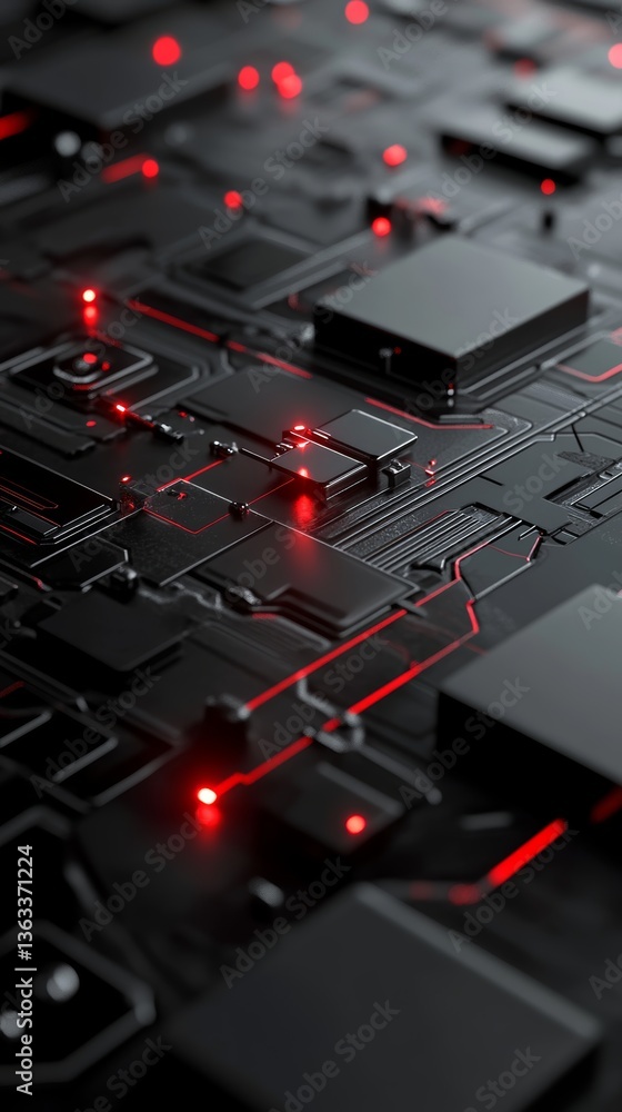 Poster intricate circuit design with glowing red lights showcasing modern technology components and electro