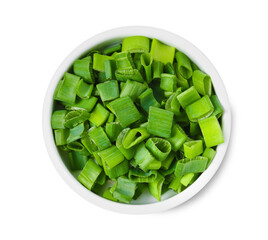 Fresh chopped green onion in bowl isolated on white, top view