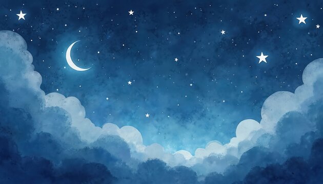Watercolor night sky wallpaper. Many stars partially overlapping. Blue backdrop includes moon, clouds. Great for New Year greetings Christmas cards children art, posters, decor. Fantasy dream concept.
