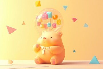 Obraz premium Adorable cartoon bear with a lightbulb head full of colorful app icons.