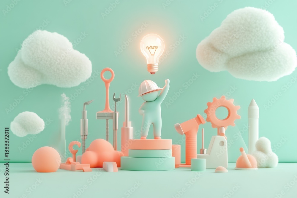 Poster a 3d rendering of a worker celebrating an idea with tools and clouds around, symbolizing innovation 