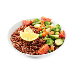 Delicious brown rice with vegetables and lemon slices isolated on white