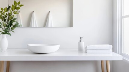 Fototapeta premium Minimalist White Bathroom Vessel Sink, Towels and Greenery