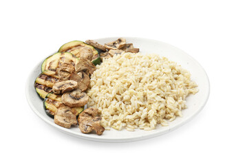 Delicious brown rice with mushrooms and dill isolated on white