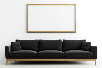 a black couch with a wooden frame on the wall cutout and isolated on transparent background 