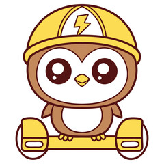 Adorable Kawaii Owl Character with Big Eyes and a Yellow Hard Hat