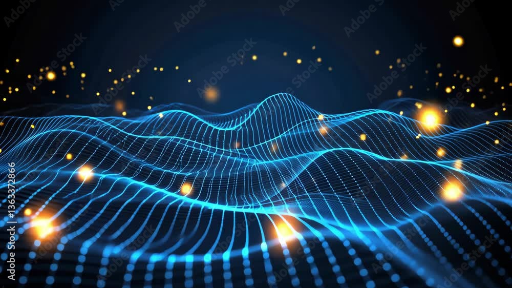 Poster abstract digital waves with glowing particles in dark background