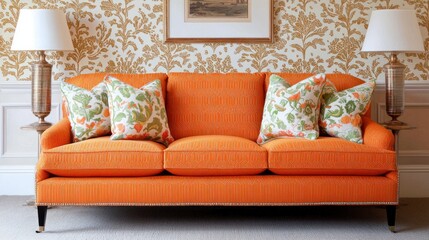 Upholsterers furniture factory chaos vibrant orange sofa displays innovative furniture design in a bustling environment