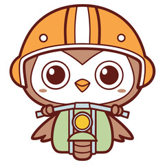 Cartoon Owl Motorcyclist with Orange Helmet Isolated on White Background