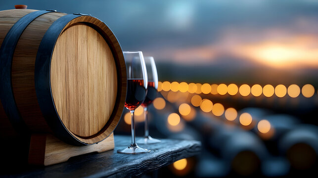 Two Glasses of Red Wine with Oak Barrel at Sunset Vineyard