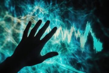 A shadowy hand interacts with a vibrant teal data visualization, possibly representing market trends or data analysis.