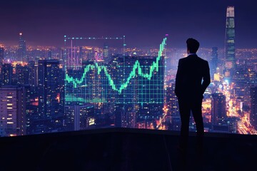 A businessman contemplates a city skyline overlaid with a dynamic stock market chart, symbolizing financial growth and urban development.