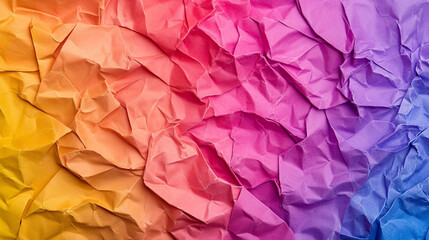 Fototapeta premium A vibrant, crumpled paper texture blending shades of orange, pink, and purple, creating an abstract, colorful background.