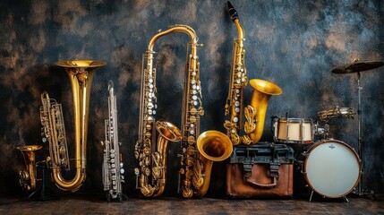 Collection of brass and woodwind instruments arranged artistically displayed