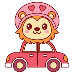 Cute Lion Character with Heart Hat Driving a Cartoon Car on a White Background